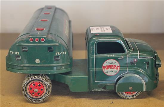 Post war American semi-trailor toy - A Sinclair Super Flame Fuel oil tanker lorry, green with red and white signage